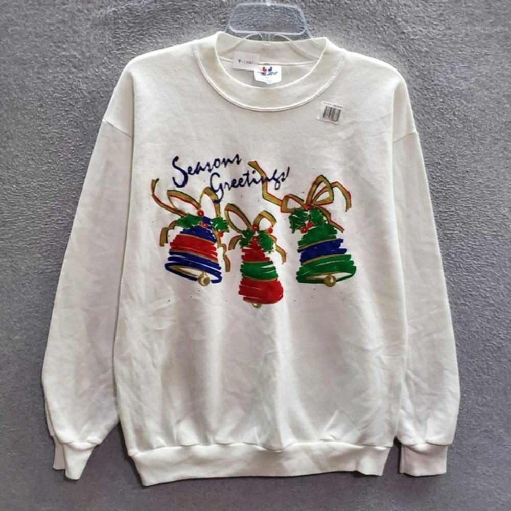 VINTAGE Christmas Men Sweatshirt Large White Seasons Greetings 90s Pullover NWOT
